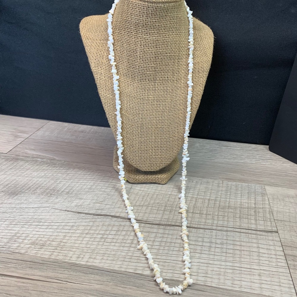 Vintage Natural White Shell Chip Necklace 34 Inch Long Strand Puka Style Beach